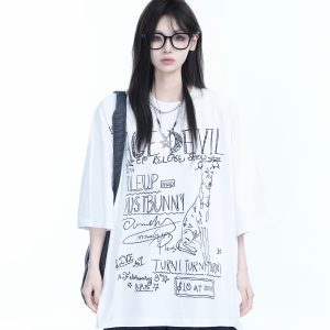 American Retro Graffiti Oversized Short Sleeve T-Shirt for Women - 