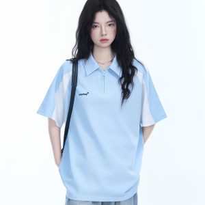 American Retro Half-Zip Collar Short-Sleeve T-Shirt for Women - Loose Fit Polo Style with Mountain-Inspired Graphic