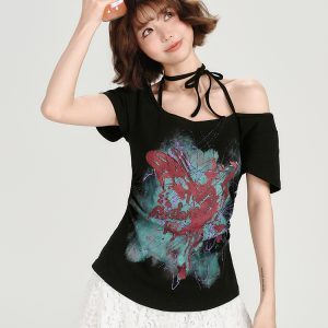 American Retro Halter One-Shoulder Short Sleeve T-Shirt for Women - Slim Fit Flattering Top, Summer Style for Trendy Girls