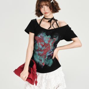 American Retro Halter One-Shoulder Short Sleeve T-Shirt for Women - Slim Fit Flattering Top, Summer Style for Trendy Girls