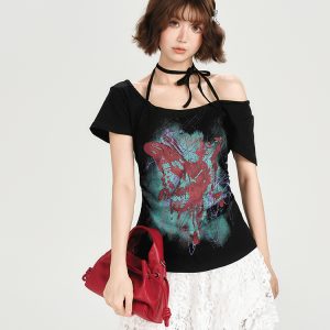 American Retro Halter One-Shoulder Short Sleeve T-Shirt for Women - Slim Fit Flattering Top, Summer Style for Trendy Girls