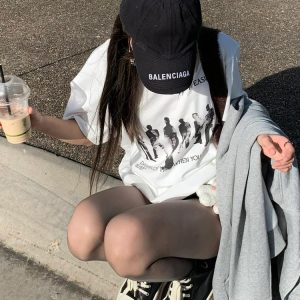 American Retro Hand-Drawn Couple Portrait Oversized T-Shirt for Women - Summer Short Sleeve Pure Cotton Loose Top