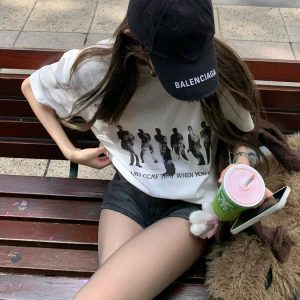 American Retro Hand-Drawn Couple Portrait Oversized T-Shirt for Women - Summer Short Sleeve Pure Cotton Loose Top