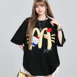 American Retro Hello Kitty Embroidered Short Sleeve T-Shirt for Women - Casual Summer Top with Vintage 90s Style