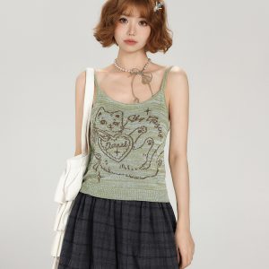 American Retro Knitted Camisole for Women - Slim Fit Summer Top, Spicy Girl Style, Perfect for Y2K and Casual Outfits
