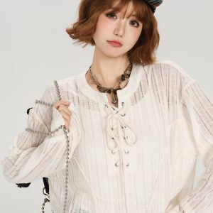 American Retro Lace-Up Hollow Sun Protection Shirt for Women - Summer Casual Loose Slimming Top