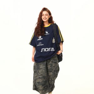 American Retro Letter Print Short-Sleeve T-Shirt for Women, Summer Loose Sports Style, Versatile Casual Top