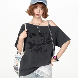 American Retro Off-Shoulder Short Sleeve T-Shirt for Women, Summer Tie Design, Loose Slimming Top, Girly Y2K Fashion Style