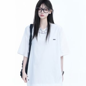 American Retro Oversized White Short Sleeve T-Shirt for Women - Summer Casual Loose Fit with 