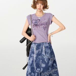 American Retro Patchwork Short Sleeve T-Shirt for Women, Irregular Waist-Cinching Slim Fit Top, Summer Fashion