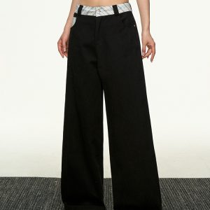 American Retro Plaid Patchwork Denim Pants for Women - Summer Loose Straight-Leg Wide-Leg Korean Style Trousers