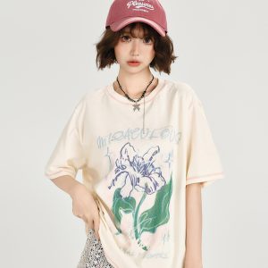 American Retro Plant Print Short Sleeve T-Shirt for Women - Summer Casual Loose Fit Top, Girly Style, Vintage Inspired