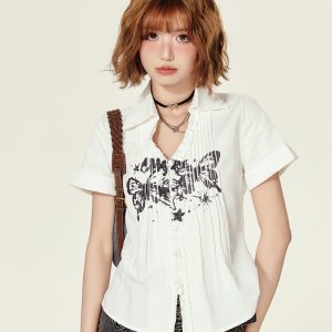American Retro Printed Short-Sleeve Blouse for Women - Summer Ruffled V-Neck Top, Slimming Fit, Vintage Style