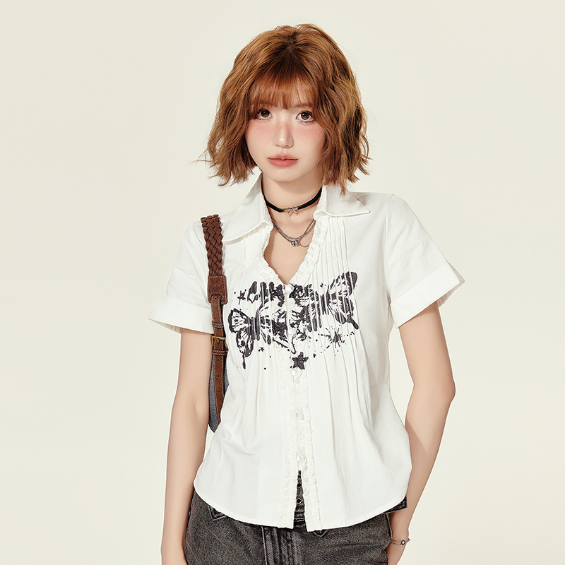 American Retro Printed Short-Sleeve Blouse for Women - Summer Ruffled V-Neck Top, Slimming Fit, Vintage Style
