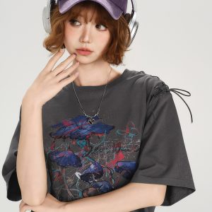 American Retro Round Neck Short Sleeve T-Shirt for Women - Summer Tie Design Loose Slimming Top - Y2K Chic