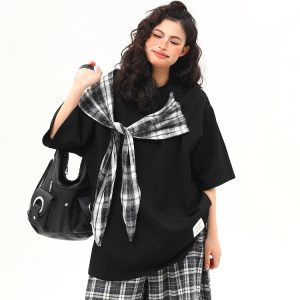 American Retro Short-Sleeve T-Shirt for Women - Wild A-Zi Shawl Design, Loose Fit, Summer Versatile Style