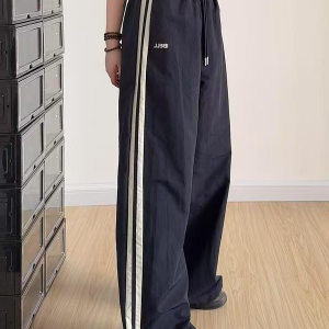 American Retro Striped Loose Work Pants for Women, High Street Casual Straight-Leg Cargo Trousers