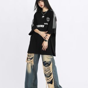 American Retro Striped Oversized Short-Sleeve T-Shirt for Women - Summer Trendy Couple Top, 90s Style, Casual Streetwear