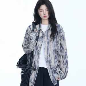 American Retro Tie-Dye Long Sleeve Shirt for Women - Summer Loose Lightweight Water Wave Pattern Sun Protection Top