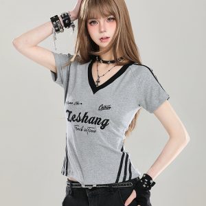 American Retro V-Neck Short Sleeve T-Shirt for Women - Summer Slim Fit Top, Unique Design, Trendy Spicy Girl Style