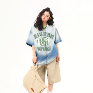 American Retro Washed Gradient Letter Denim Short-Sleeve T-Shirt for Women - College Style Loose Versatile Top