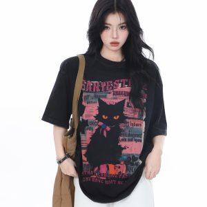 American-Style Oversized Heavy-Duty Washed Short Sleeve T-Shirt for Women - Summer Pure Cotton Loose Fit Trendy Top