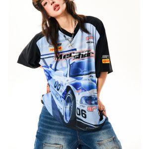 American-Style Racing Graphic V-Neck Short Sleeve T-Shirt for Women - Summer Mesh Breathable Loose Fit Jersey Top