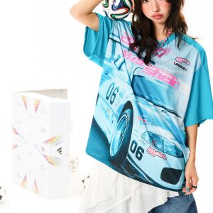 American-Style Racing Graphic V-Neck Short Sleeve T-Shirt for Women - Summer Mesh Breathable Loose Fit Jersey Top