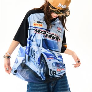 American-Style Racing Graphic V-Neck Short Sleeve T-Shirt for Women - Summer Mesh Breathable Loose Fit Jersey Top
