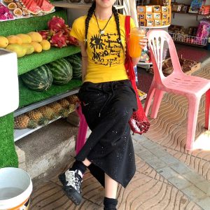 American Style Slim-Fit Short T-Shirt for Women - Summer Graffiti Print, Stretchy, Flattering Shoulder Top