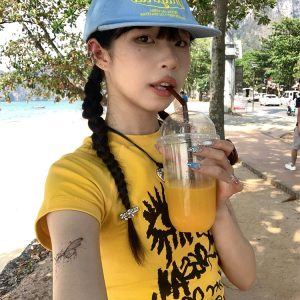 American Style Slim-Fit Short T-Shirt for Women - Summer Graffiti Print, Stretchy, Flattering Shoulder Top
