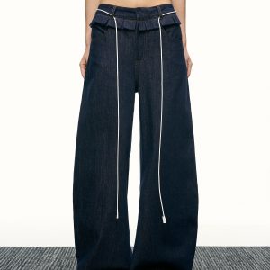 American-Style Spicy Girl Ruffled Wide-Leg Jeans - Curved Blade Design, Loose Fit, Spring/Summer Fashion, Trendy Casual Pants