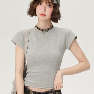 American-Style Spicy Girl Short Sleeve T-Shirt for Women - Summer Basic Round Neck Slim Fit Solid Color Top