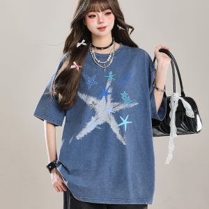 American Style Star Short-Sleeve T-Shirt for Girls - Unique Summer Casual Loose Fit Half-Sleeve Top