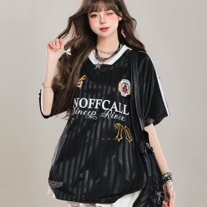 American-Style V-Neck Sports Jersey Short Sleeve T-Shirt for Women - Summer OOTD Loose Fit Top