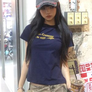 American Style Vintage Slim-Fit Cropped T-Shirt for Women - Summer Slogan Printed Short Sleeves