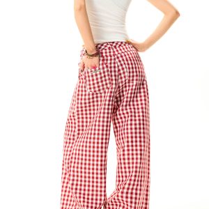 American Sweetheart Red Plaid Wide-Leg Casual Pants for Women - Relaxed Loose Versatile Trousers, Perfect for Y2K and Everyday Style