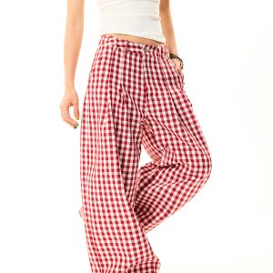 American Sweetheart Red Plaid Wide-Leg Casual Pants for Women - Relaxed Loose Versatile Trousers, Perfect for Y2K and Everyday Style