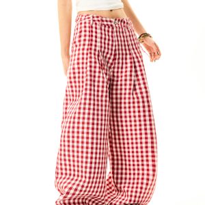 American Sweetheart Red Plaid Wide-Leg Casual Pants for Women - Relaxed Loose Versatile Trousers, Perfect for Y2K and Everyday Style