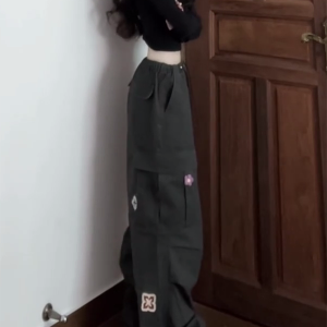 American Vintage Embroidered Cargo Pants for Women - Military Green, Loose-Fitting Straight-Leg Wide-Leg for Street Dance & Jazz Dance