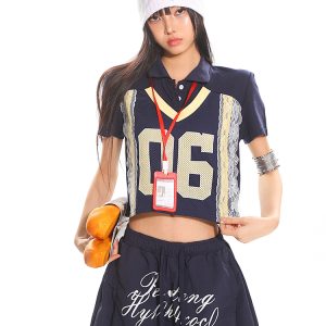 American Vintage Lace Digital Polo Collar Top - Women's Summer Short Sleeve Casual Sports T-Shirt