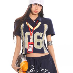 American Vintage Lace Digital Polo Collar Top - Women's Summer Short Sleeve Casual Sports T-Shirt
