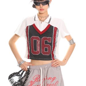 American Vintage Lace Digital Polo Collar Top - Women's Summer Short Sleeve Casual Sports T-Shirt