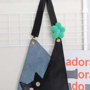 Artistic Color-Blocking Cat Plaid Denim Large-Capacity Shoulder Crossbody Bag - Cute Niche Style for Everyday Use
