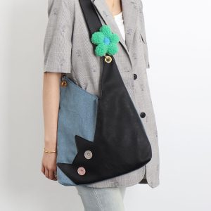 Artistic Color-Blocking Cat Plaid Denim Large-Capacity Shoulder Crossbody Bag - Cute Niche Style for Everyday Use