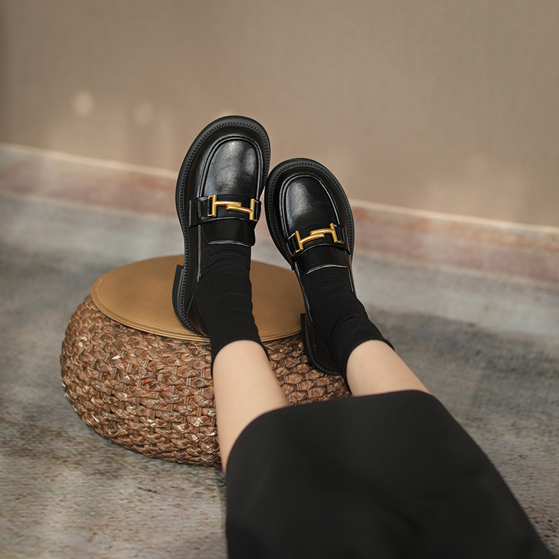 Artistic Retro British Style Chunky Heel Loafers with Gold Buckle - Women's Thick-Soled Leather Flats - Trendy Y2K Fashion