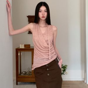 Asymmetrical Hem Pleated Halter Top - Flowy Summer Design with Side Waist Detail