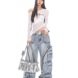Asymmetrical Lace Cover-Up Top with Striped Embroidery - Slim Fit Long Sleeve Irregular Design for Trendy Hot Girls