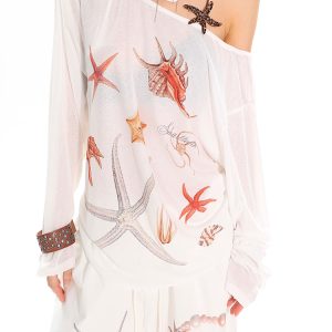 Asymmetrical Neck Starfish Print Long Sleeve Slim Fit Off-Shoulder T-Shirt - Sheer Summer Sun Protection Top for Women