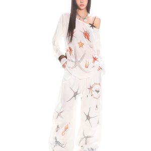 Asymmetrical Neck Starfish Print Long Sleeve Slim Fit Off-Shoulder T-Shirt - Sheer Summer Sun Protection Top for Women
